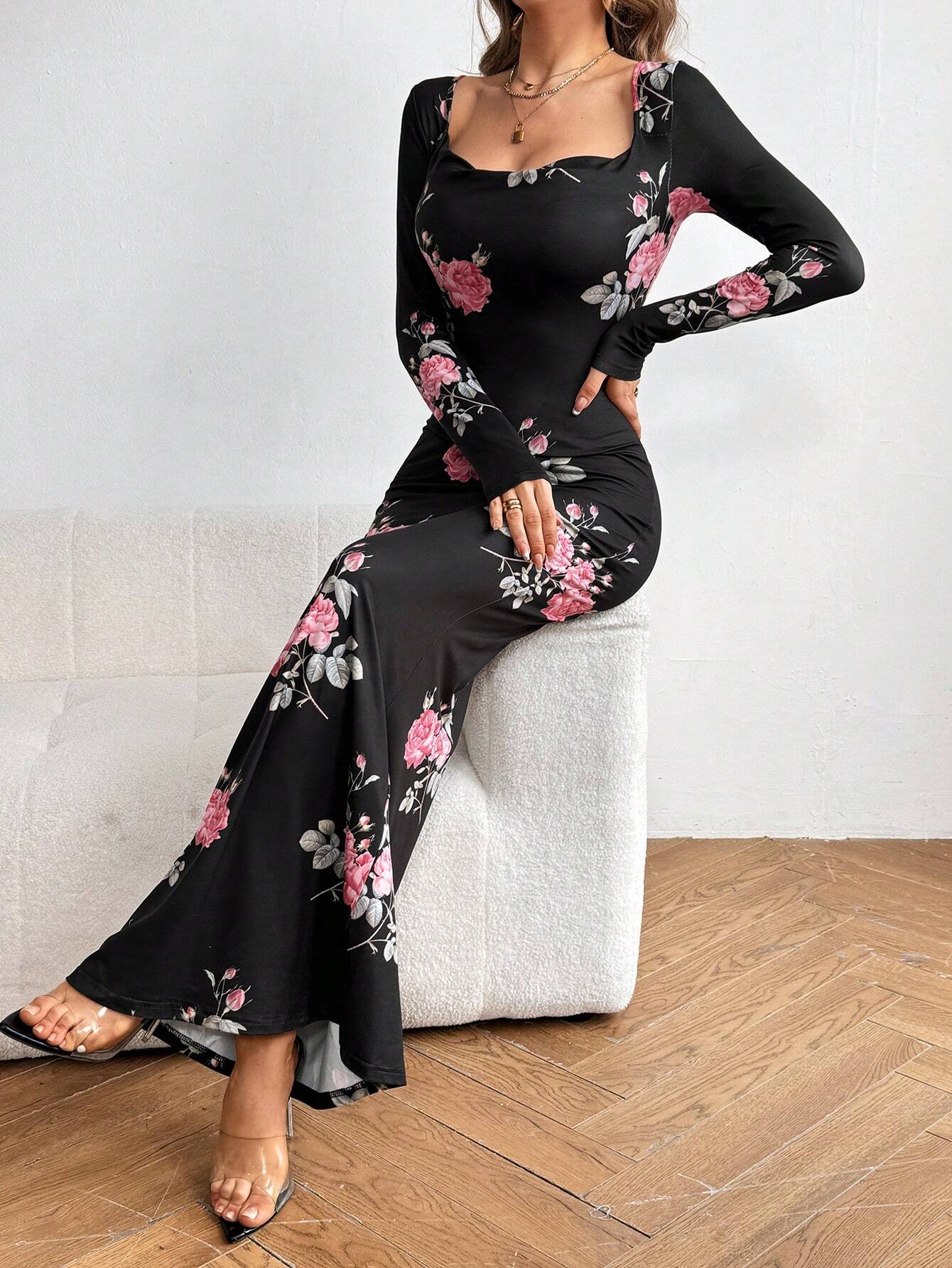 Buy SHEIN Aloruh Women's Floral Print Cowl Collar Long Dress in Pakistan