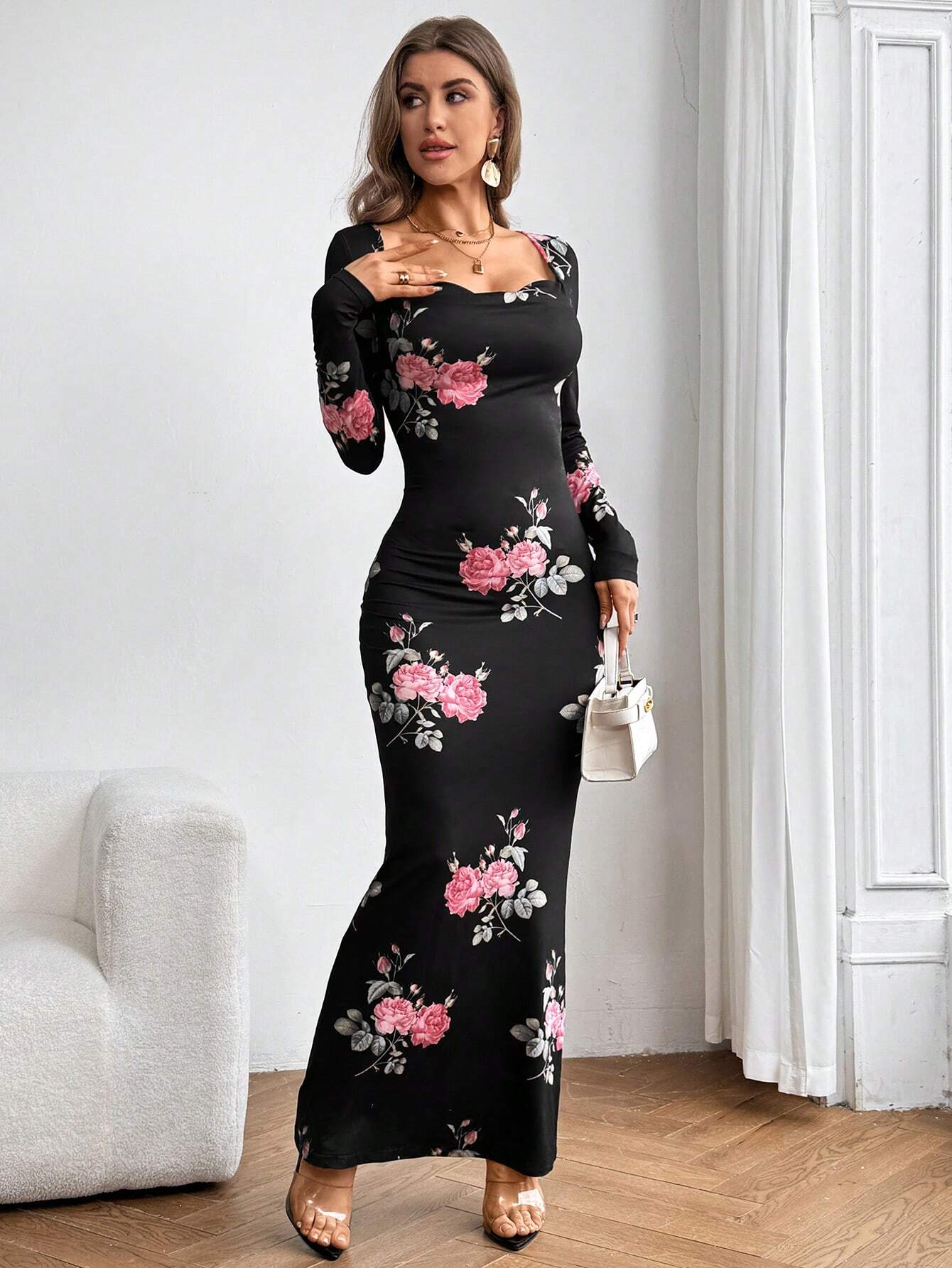 Buy SHEIN Aloruh Women's Floral Print Cowl Collar Long Dress in Pakistan