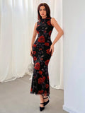 Buy SHEIN Aloruh Women's Romantic Rose Pattern Knitted Black Maxi Dress in Pakistan