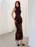 Buy SHEIN Aloruh Women's Romantic Rose Pattern Knitted Black Maxi Dress in Pakistan