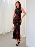 Buy SHEIN Aloruh Women's Romantic Rose Pattern Knitted Black Maxi Dress in Pakistan