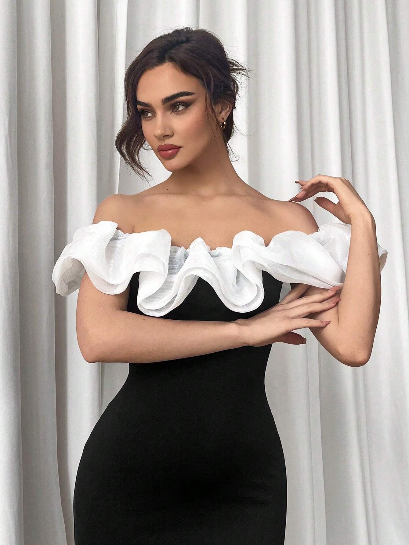 Buy SHEIN Aloruh Women's Off Shoulder Ruffled Organza Spliced Slim Long Dress in Pakistan
