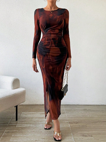Buy SHEIN BAE Allover Print Ruched Split Thigh Dress in Pakistan
