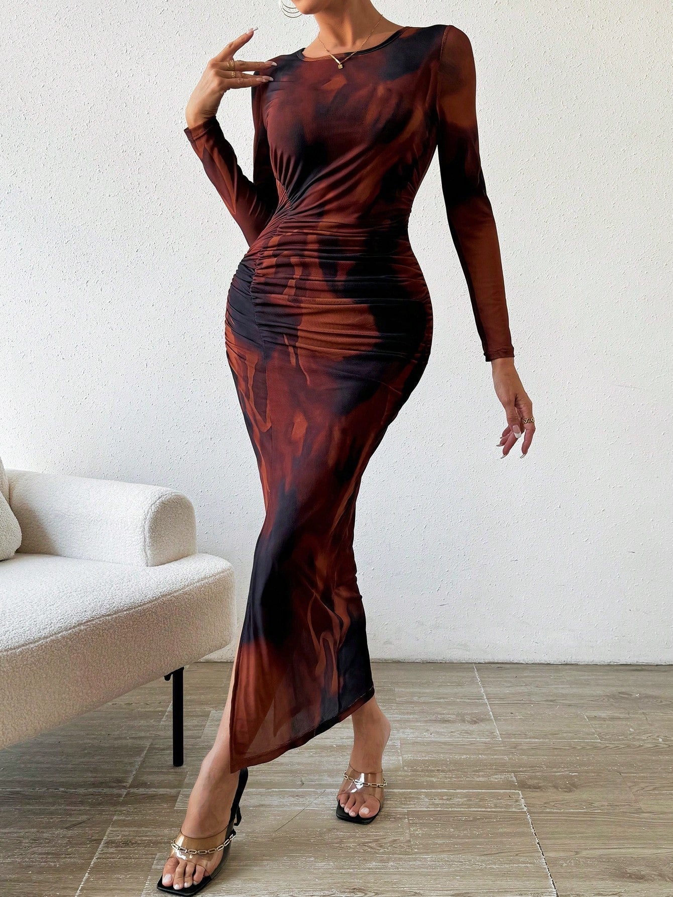 Buy SHEIN BAE Allover Print Ruched Split Thigh Dress in Pakistan
