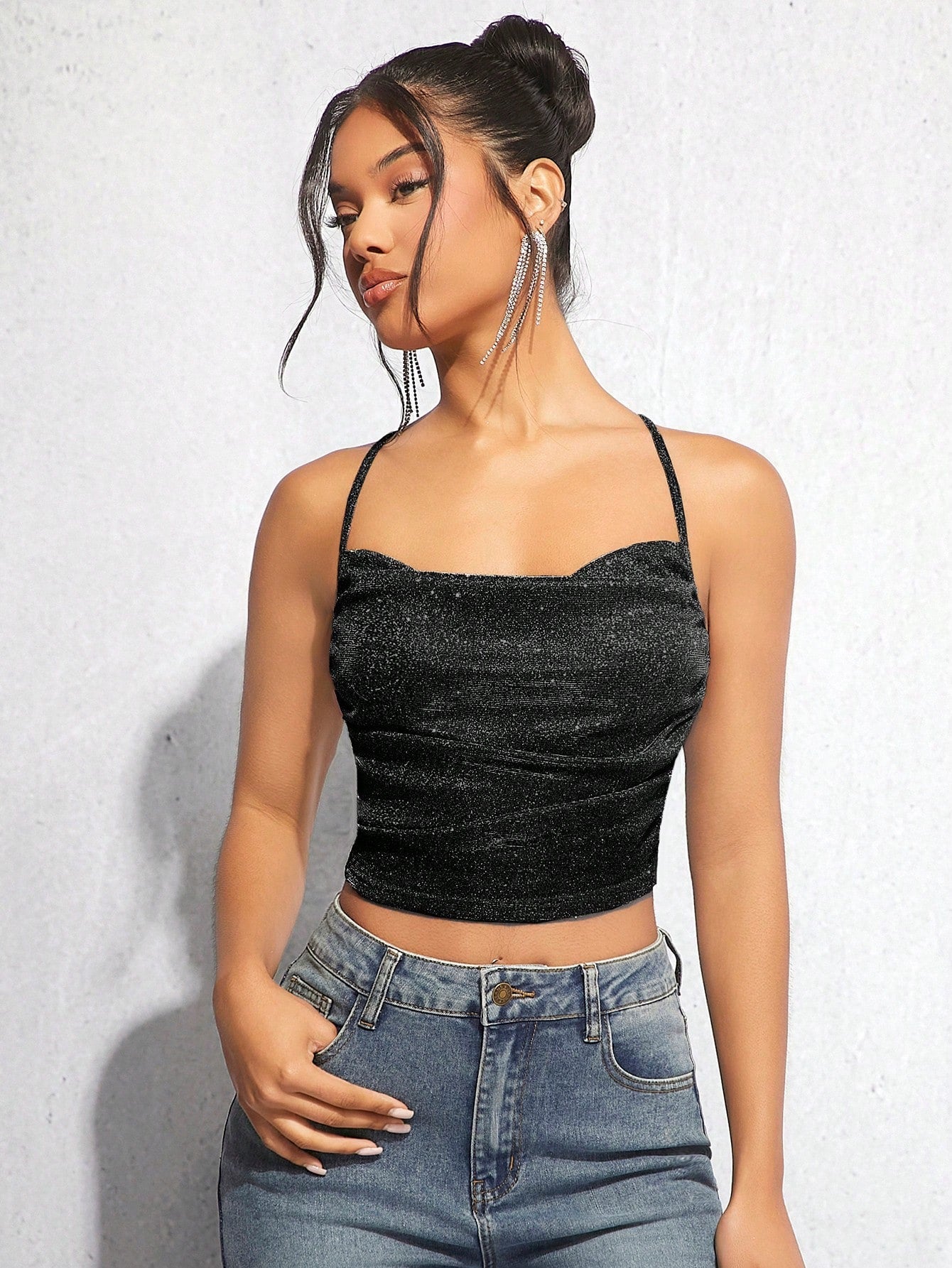 Buy SHEIN BAE Draped Crisscross Backless Ruched Glitter Cami Top in Pakistan