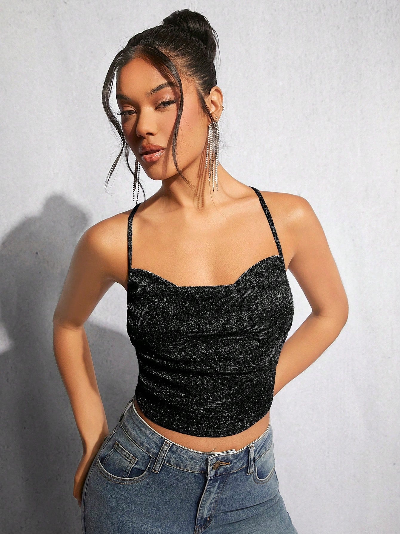 Buy SHEIN BAE Draped Crisscross Backless Ruched Glitter Cami Top in Pakistan