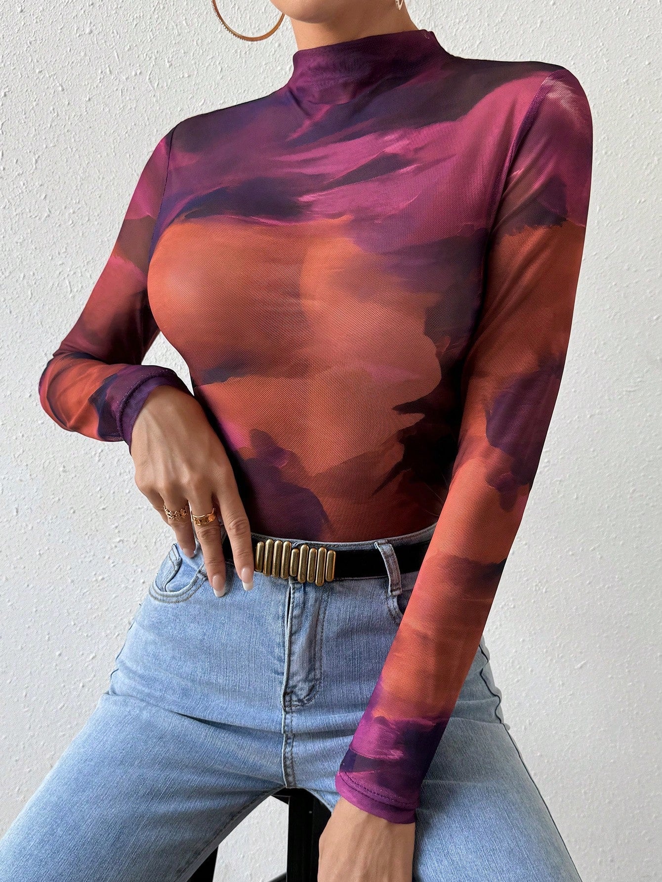 Buy SHEIN BAE Tie Dye Mock Neck Mesh Top in Pakistan