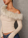 Buy SHEIN BAE Women's Fall Patchwork Fluffy Off Shoulder Long Sleeve Fitted Elegant Blouse,Long Sleeve Women Tops,Going Out Tops in Pakistan