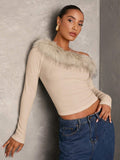 Buy SHEIN BAE Women's Fall Patchwork Fluffy Off Shoulder Long Sleeve Fitted Elegant Blouse,Long Sleeve Women Tops,Going Out Tops in Pakistan