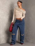 Buy SHEIN BAE Women's Fall Patchwork Fluffy Off Shoulder Long Sleeve Fitted Elegant Blouse,Long Sleeve Women Tops,Going Out Tops in Pakistan