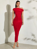 Buy SHEIN BAE Women's Solid Color Asymmetric Oblique-Shoulder Ruffled Tight-Fitting Long Summer Dress in Pakistan