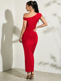 Buy SHEIN BAE Women's Solid Color Asymmetric Oblique-Shoulder Ruffled Tight-Fitting Long Summer Dress in Pakistan