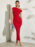 Buy SHEIN BAE Women's Solid Color Asymmetric Oblique-Shoulder Ruffled Tight-Fitting Long Summer Dress in Pakistan