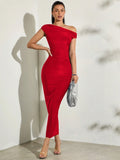 Buy SHEIN BAE Women's Solid Color Asymmetric Oblique-Shoulder Ruffled Tight-Fitting Long Summer Dress in Pakistan