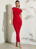 Buy SHEIN BAE Women's Solid Color Asymmetric Oblique-Shoulder Ruffled Tight-Fitting Long Summer Dress in Pakistan