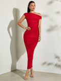 Buy SHEIN BAE Women's Solid Color Asymmetric Oblique-Shoulder Ruffled Tight-Fitting Long Summer Dress in Pakistan