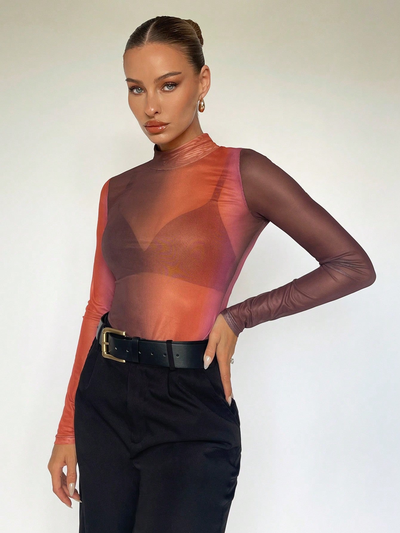 Buy SHEIN BIZwear Mock Neck Sheer Mesh Top Without Bra in Pakistan