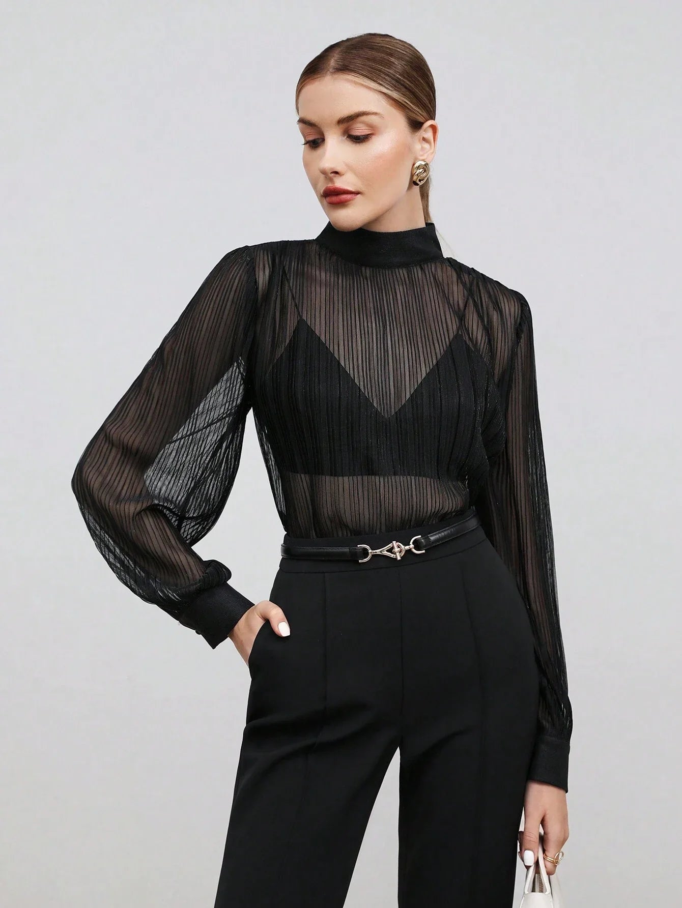 Buy SHEIN BIZwear Women Black Solid Color Blouse With Ruched in Pakistan