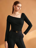 Buy SHEIN BIZwear Women's Black Solid Color Asymmetrical Neckline Stretch T-Shirt in Pakistan