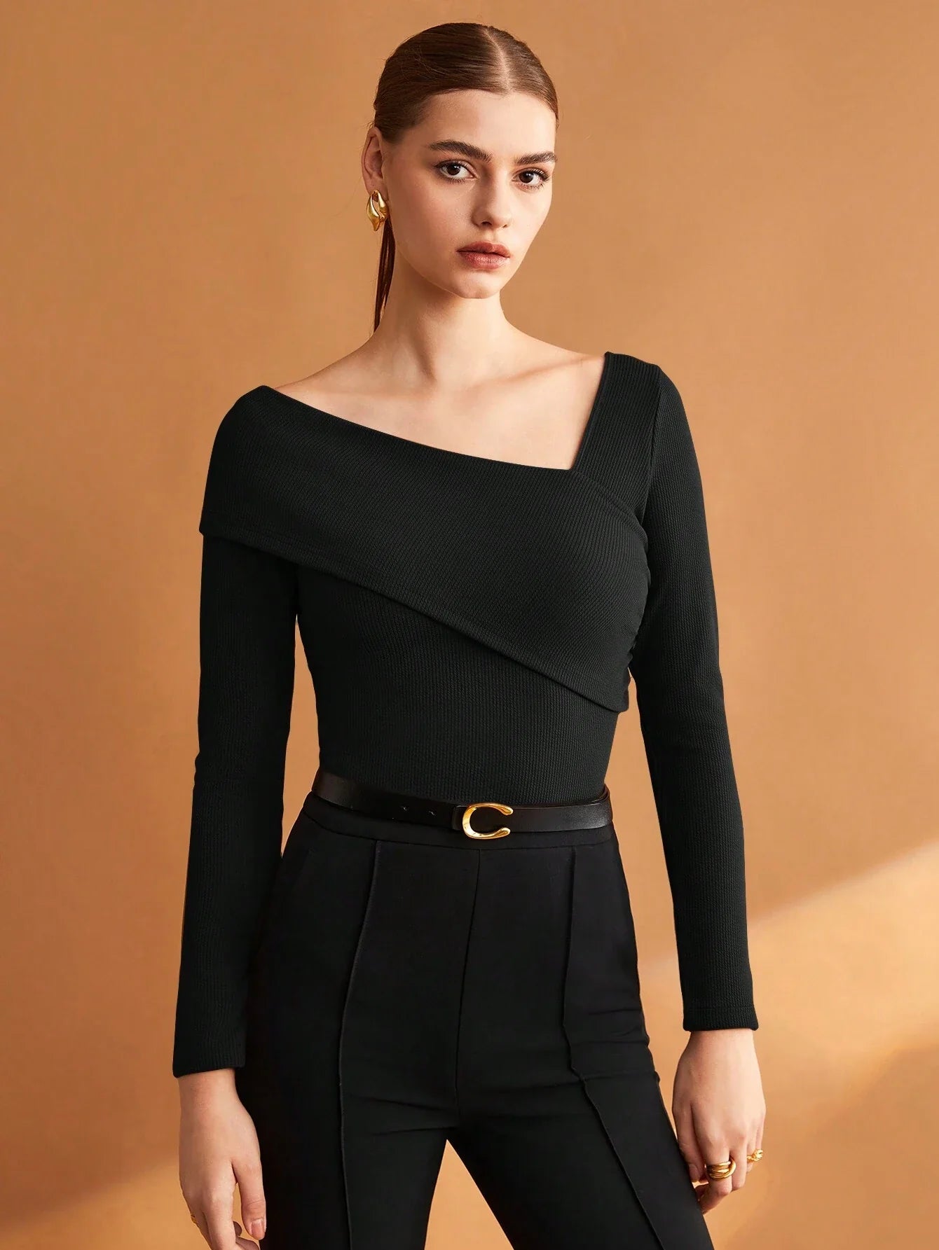 Buy SHEIN BIZwear Women's Black Solid Color Asymmetrical Neckline Stretch T-Shirt in Pakistan