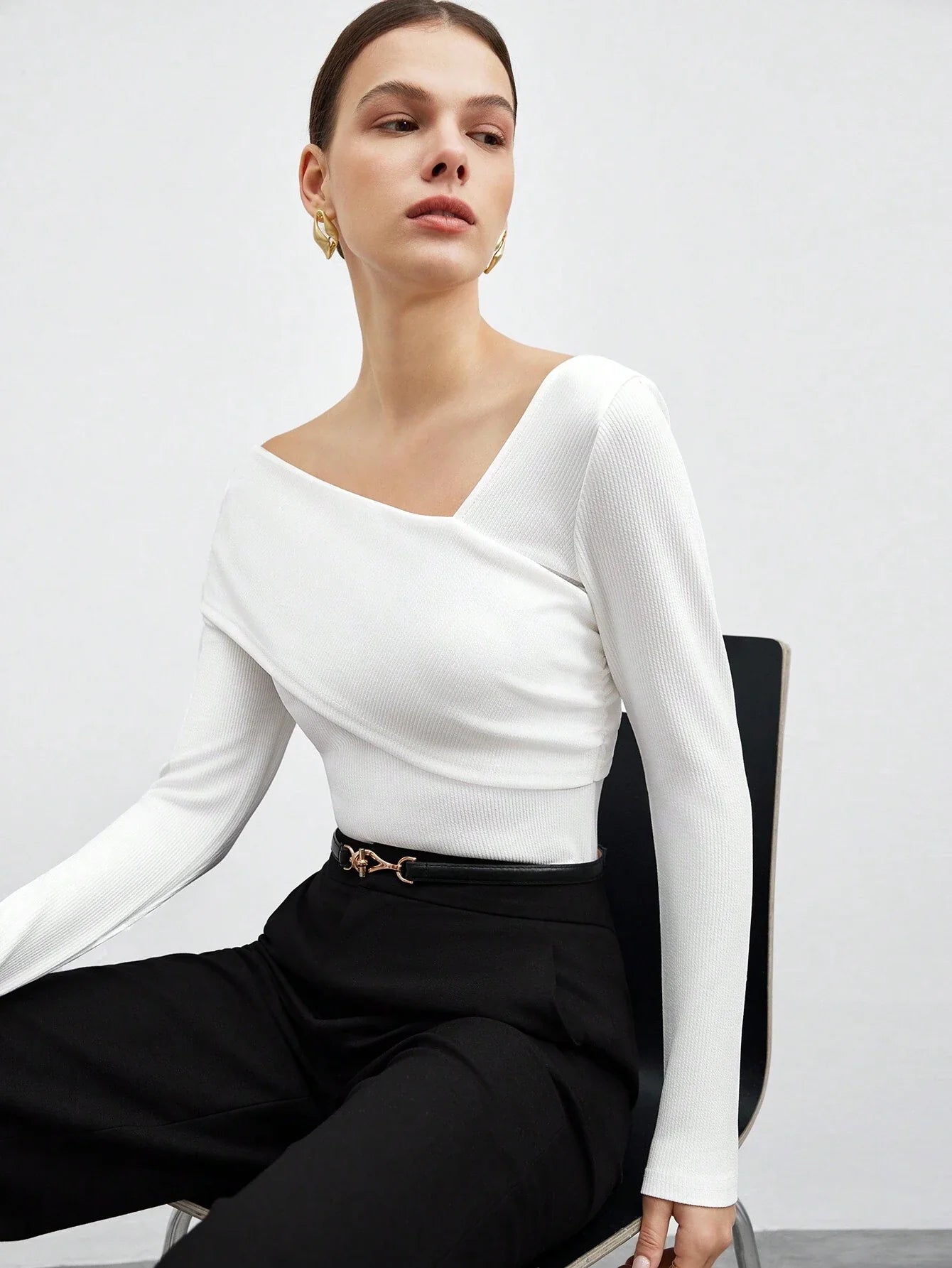 Buy SHEIN BIZwear Women's Solid Color Asymmetric Neck Wrap T-Shirt in Pakistan