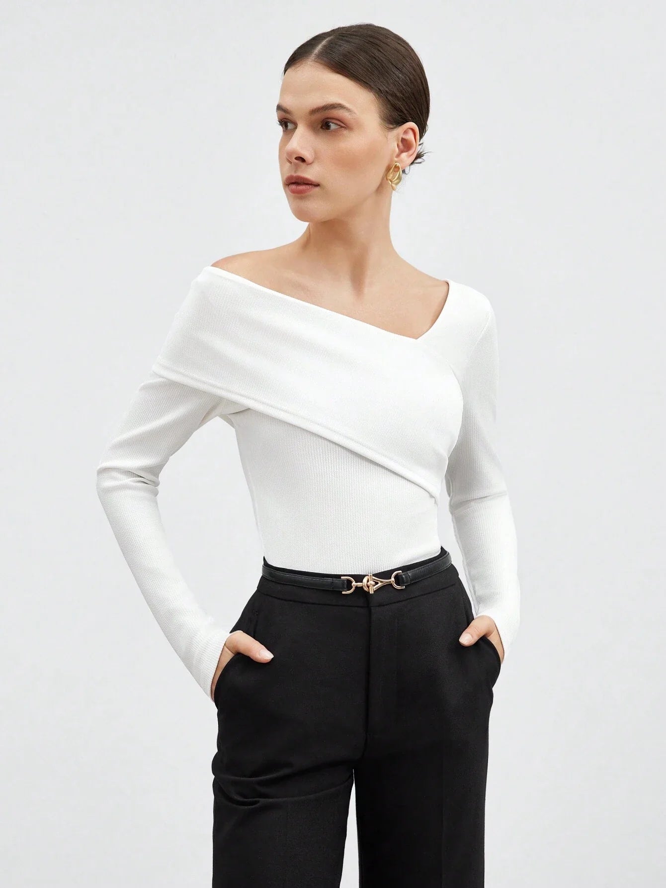 Buy SHEIN BIZwear Women's Solid Color Asymmetric Neck Wrap T-Shirt in Pakistan