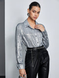 Buy SHEIN BIZwear Women's Solid Color Textured Long Sleeve Shirt in Pakistan