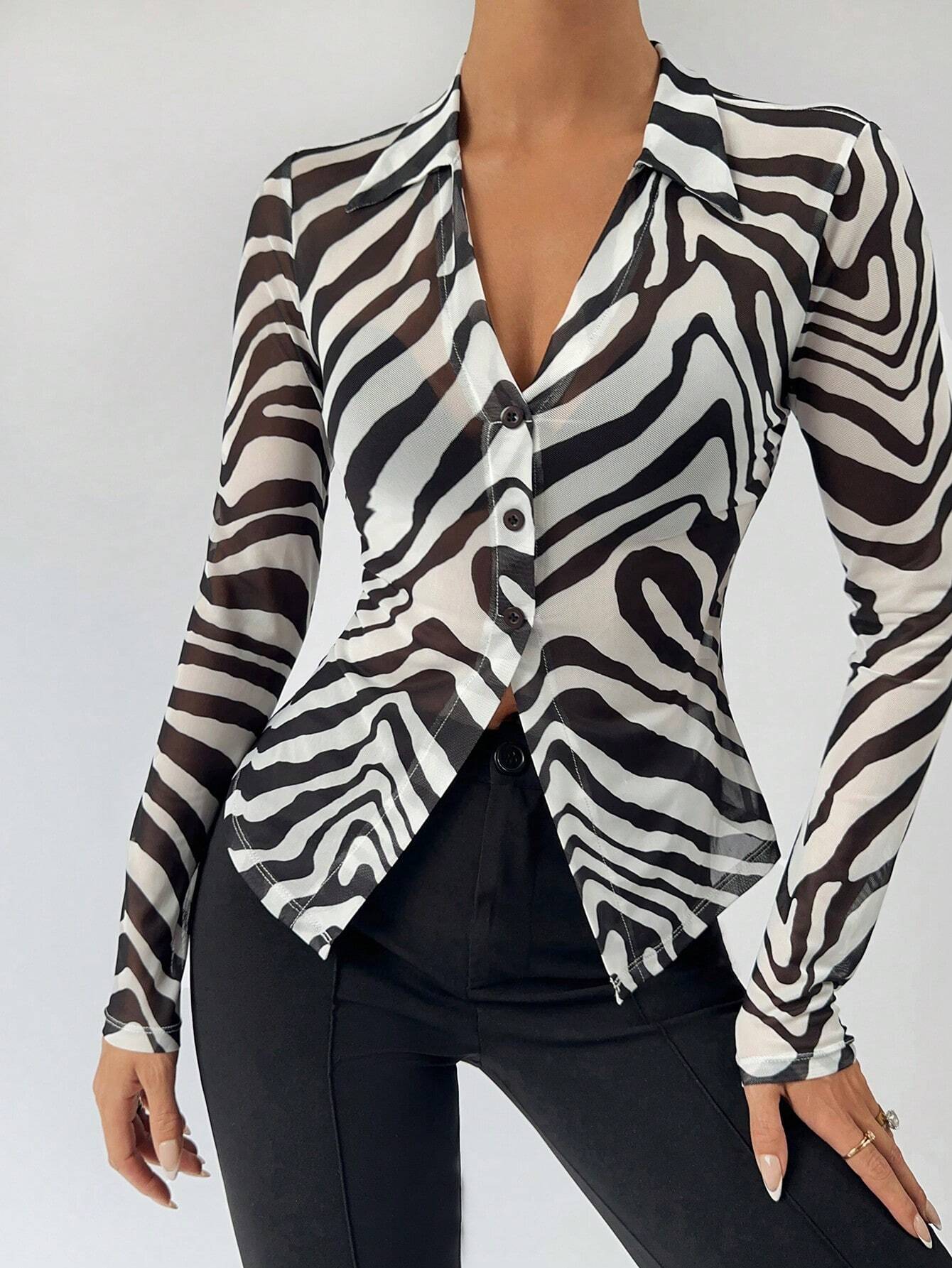 Buy SHEIN BIZwear Zebra Striped Button Front Mesh Top Without Bra in Pakistan