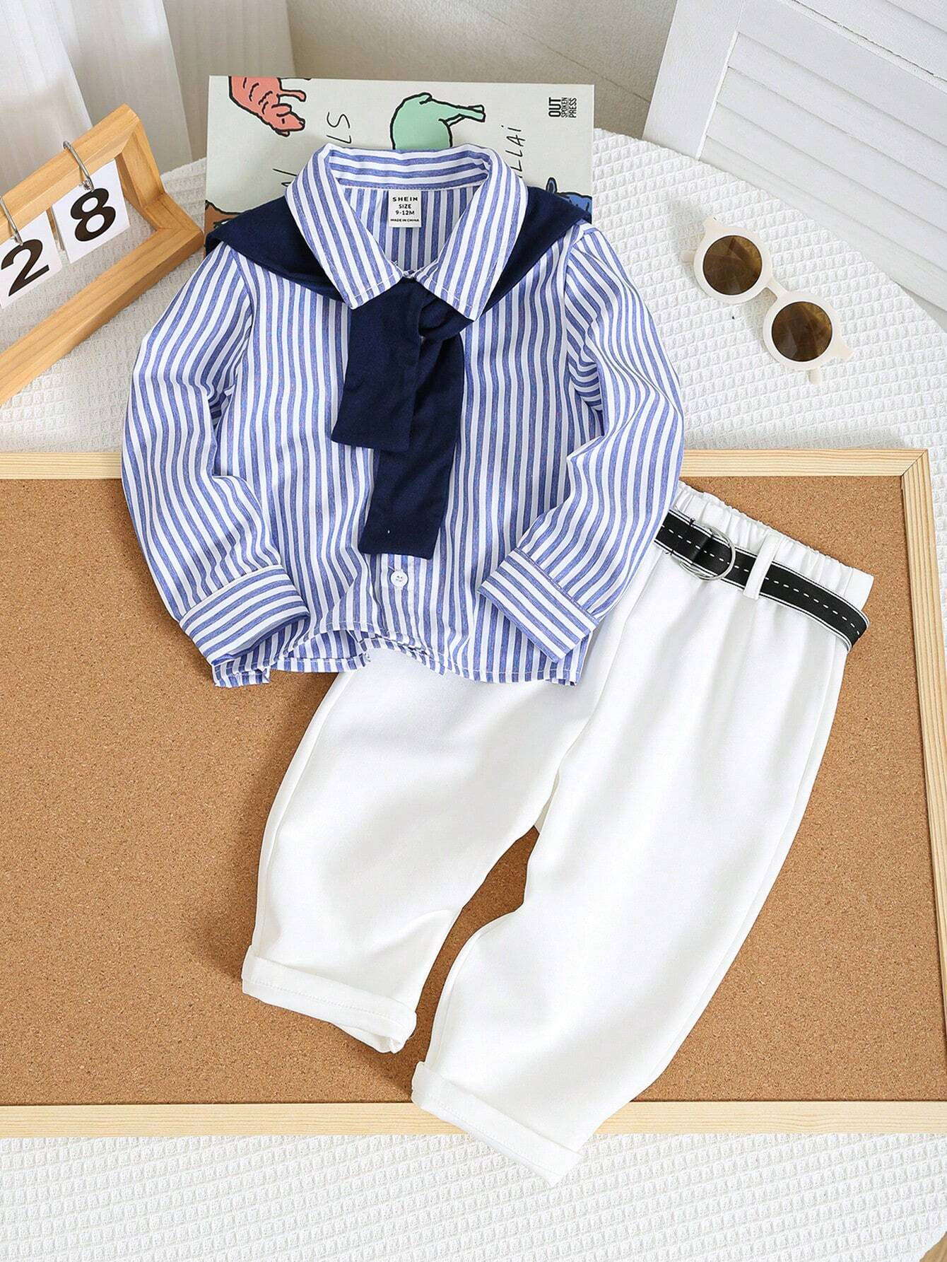 Buy SHEIN Baby Boy 4pcs/Set Blue & White Striped Long Sleeve Shirt in Pakistan