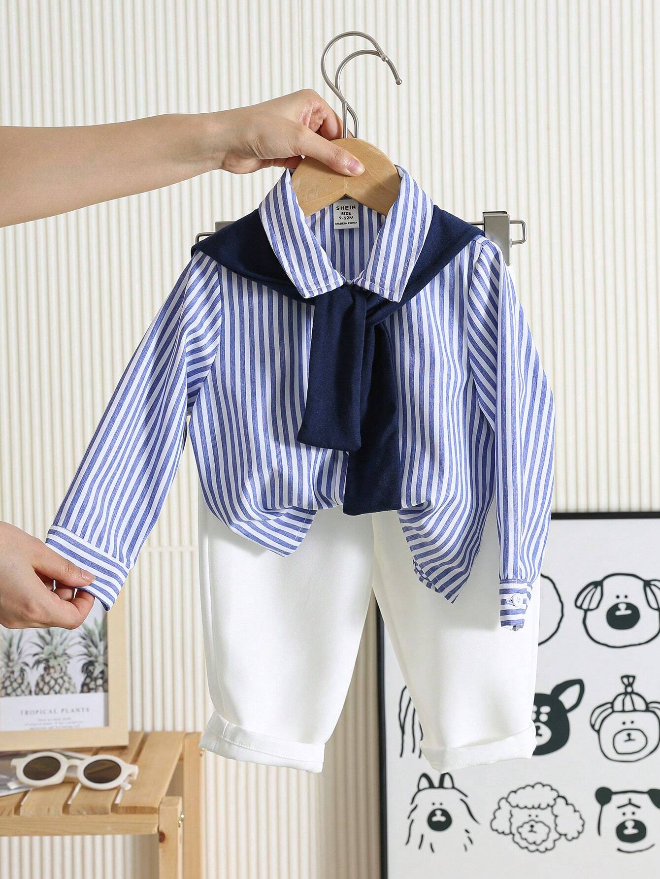 Buy SHEIN Baby Boy 4pcs/Set Blue & White Striped Long Sleeve Shirt in Pakistan