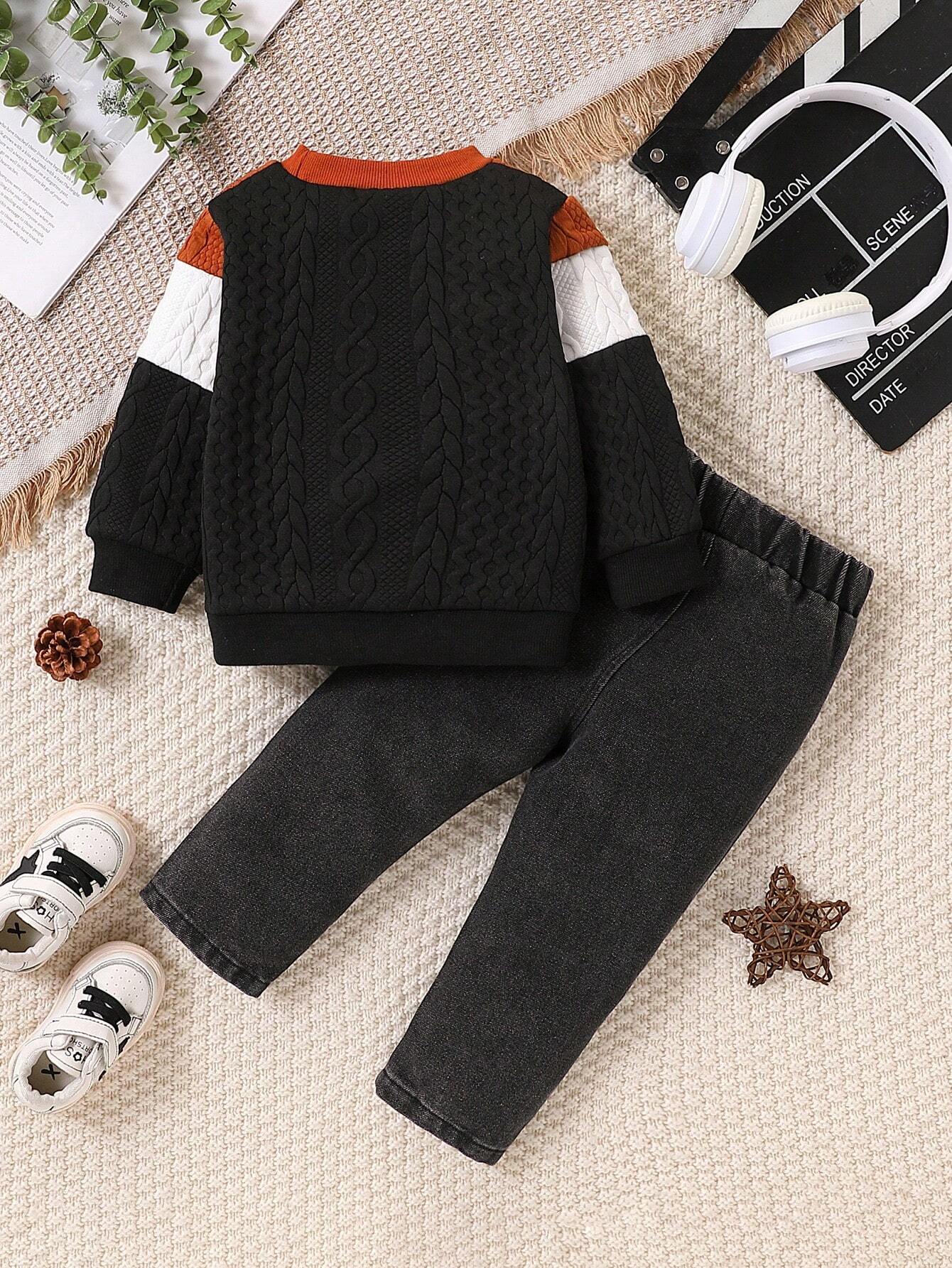 Buy SHEIN Vintaside Kids Babyboy Babygirl Autumn And Winter Round-Neck Long-Sleeved Three-Color Patchwork Cool Top Paired With Long Fashionable Ripped Jeans in Pakistan