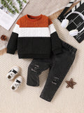 Buy SHEIN Vintaside Kids Babyboy Babygirl Autumn And Winter Round-Neck Long-Sleeved Three-Color Patchwork Cool Top Paired With Long Fashionable Ripped Jeans in Pakistan
