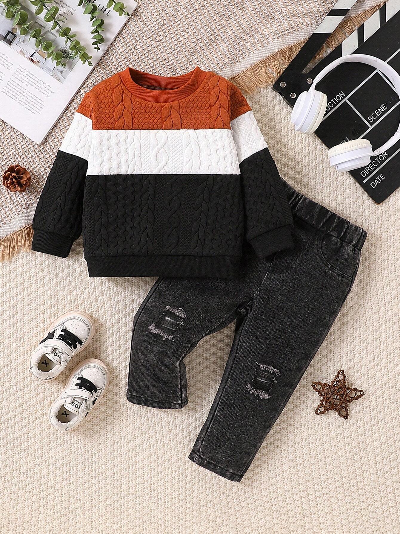 Buy SHEIN Vintaside Kids Babyboy Babygirl Autumn And Winter Round-Neck Long-Sleeved Three-Color Patchwork Cool Top Paired With Long Fashionable Ripped Jeans in Pakistan