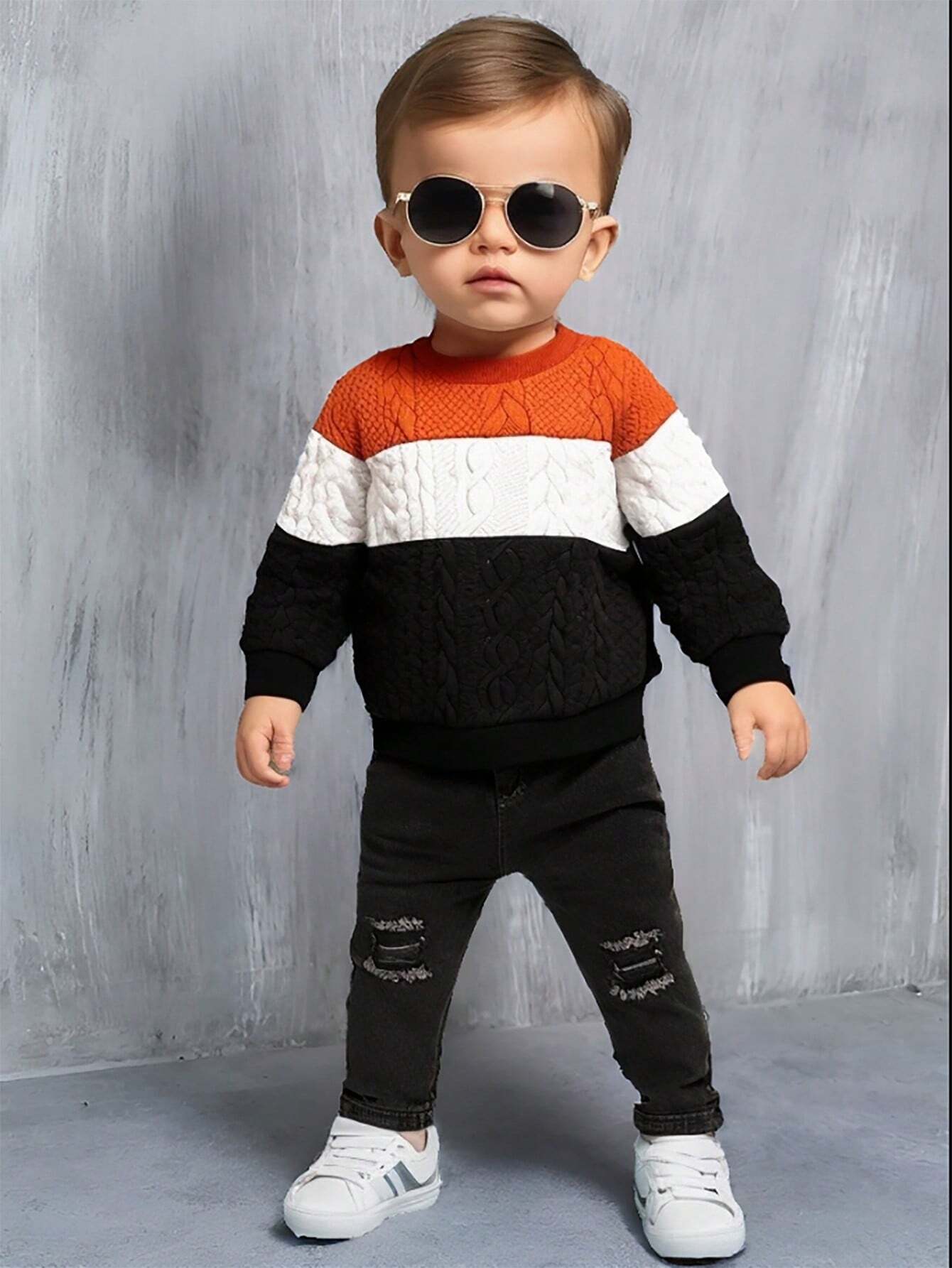 Buy SHEIN Vintaside Kids Babyboy Babygirl Autumn And Winter Round-Neck Long-Sleeved Three-Color Patchwork Cool Top Paired With Long Fashionable Ripped Jeans in Pakistan