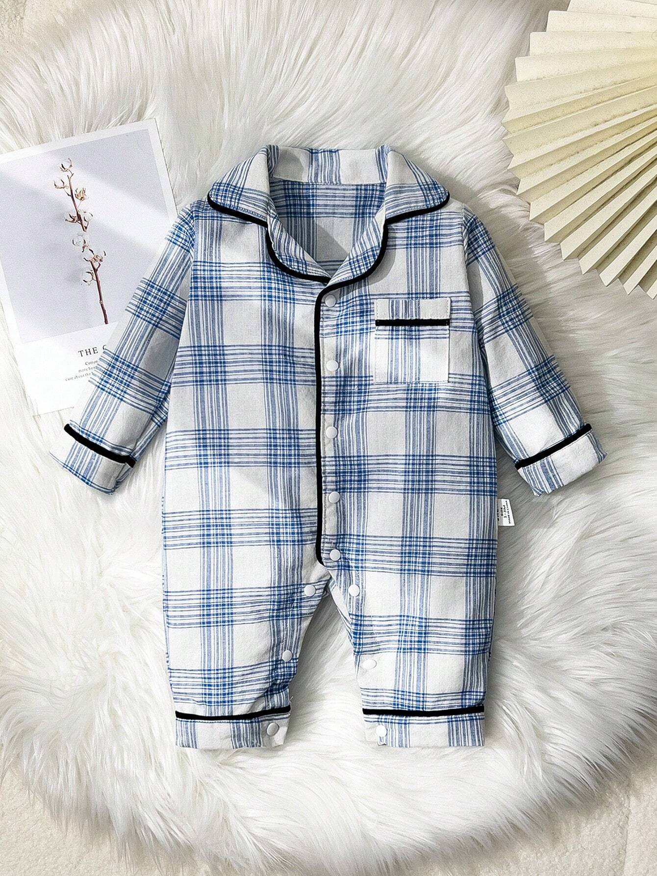 Buy SHEIN Baby Boy Blue Plaid Cozy Long Sleeve Jumpsuit Pajamas in Pakistan