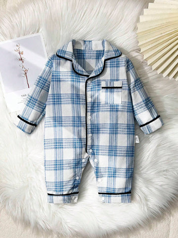 Buy SHEIN Baby Boy Blue Plaid Cozy Long Sleeve Jumpsuit Pajamas in Pakistan