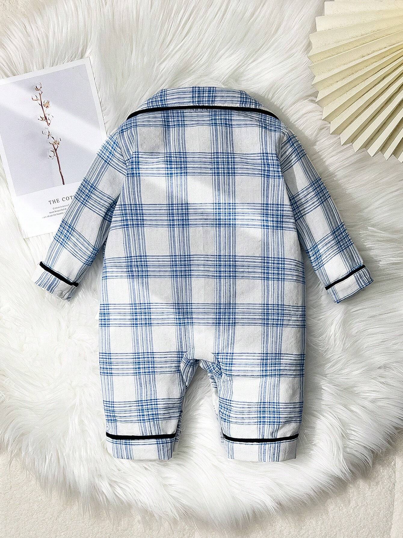 Buy SHEIN Baby Boy Blue Plaid Cozy Long Sleeve Jumpsuit Pajamas in Pakistan