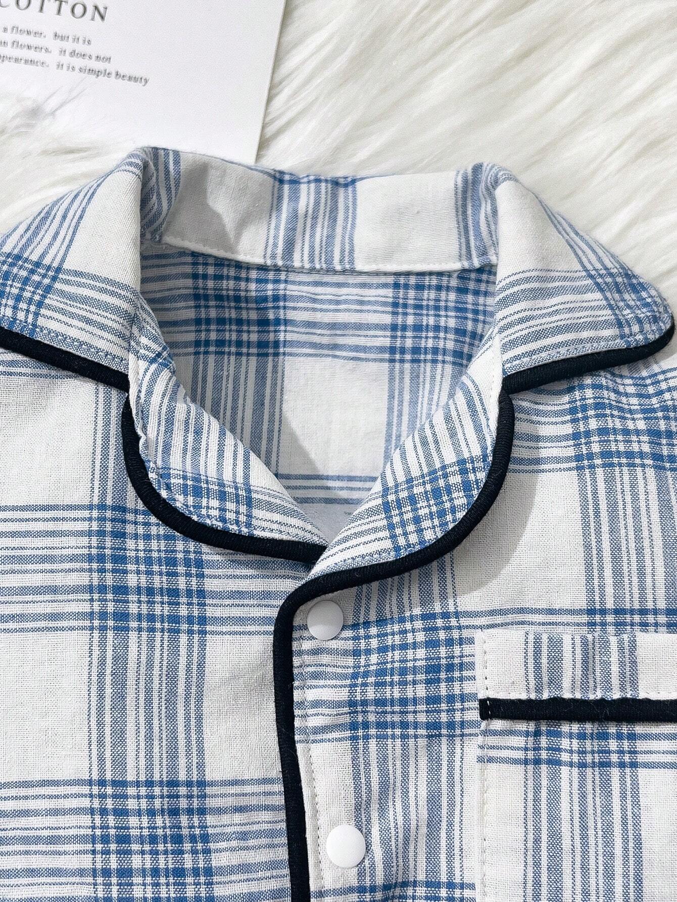 Buy SHEIN Baby Boy Blue Plaid Cozy Long Sleeve Jumpsuit Pajamas in Pakistan