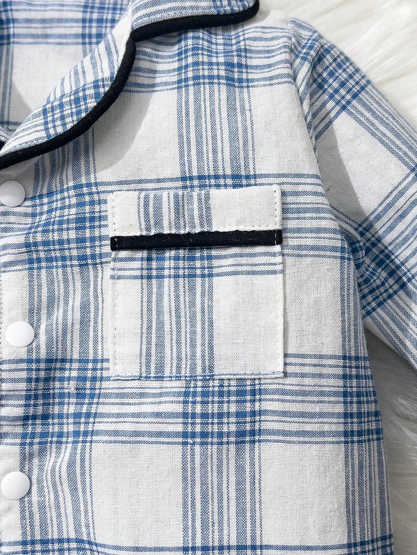 Buy SHEIN Baby Boy Blue Plaid Cozy Long Sleeve Jumpsuit Pajamas in Pakistan