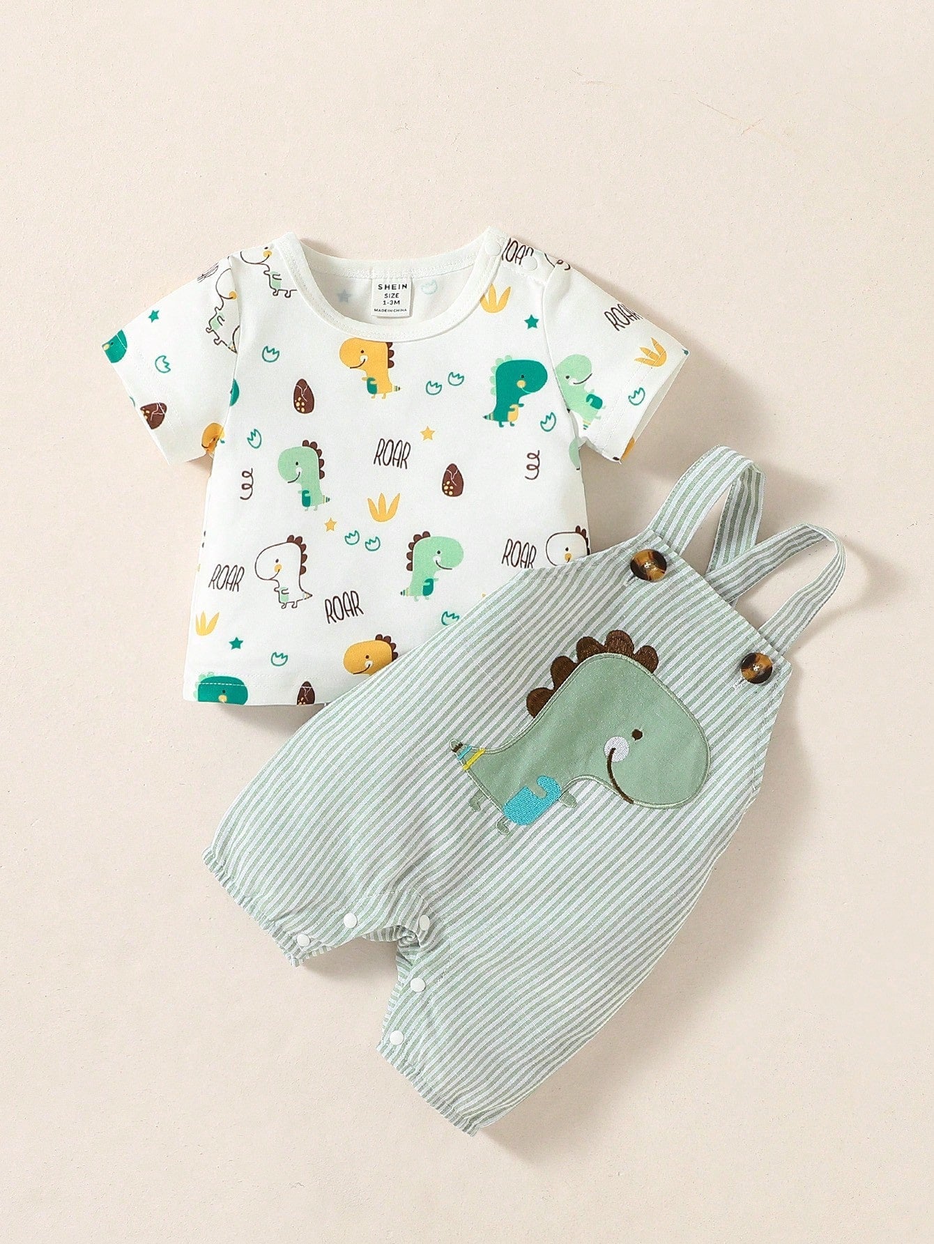 Buy SHEIN Baby Boy Cartoon Dinosaur Print Tee & Striped Overall Romper in Pakistan