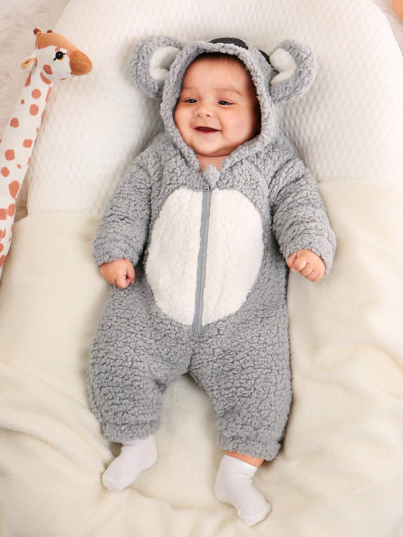 Buy SHEIN Baby Boy Colorblock 3D Ear Design Hooded Plush Sleep Jumpsuit in Pakistan