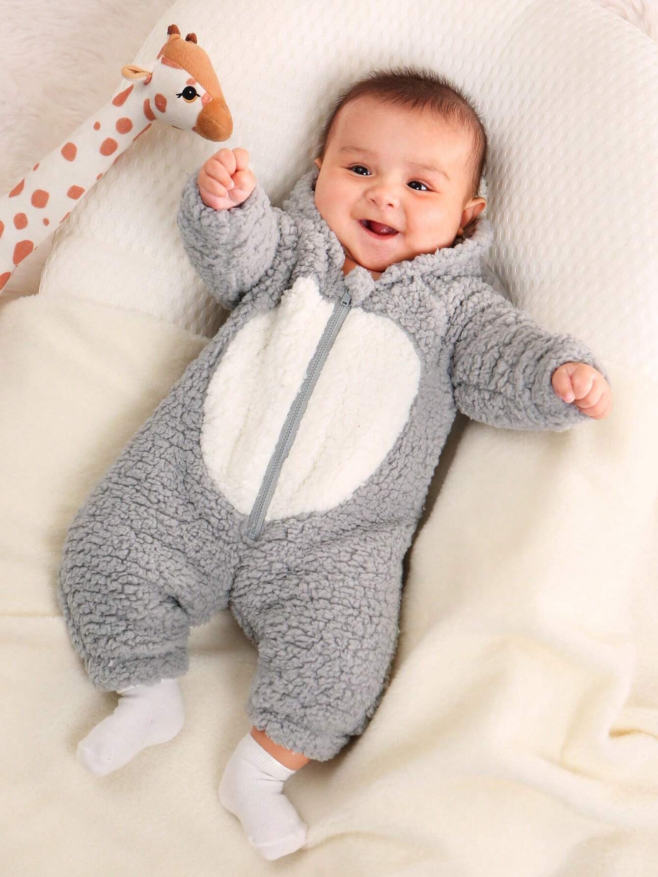 Buy SHEIN Baby Boy Colorblock 3D Ear Design Hooded Plush Sleep Jumpsuit in Pakistan