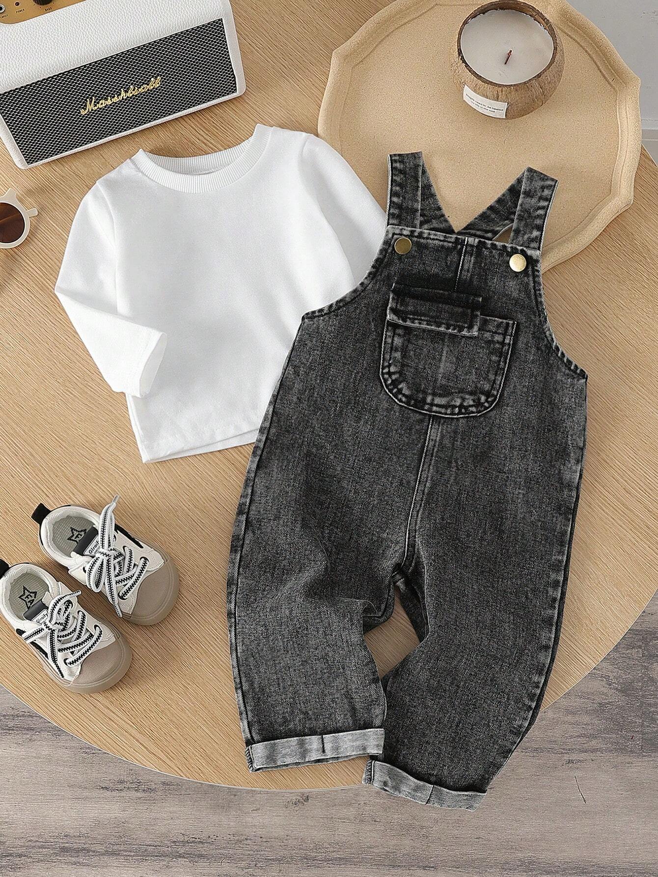 Buy SHEIN Baby Boy Plain Crew Neck Long Sleeve Top And Overalls 2-Piece Outfit, Casual Clothes in Pakistan