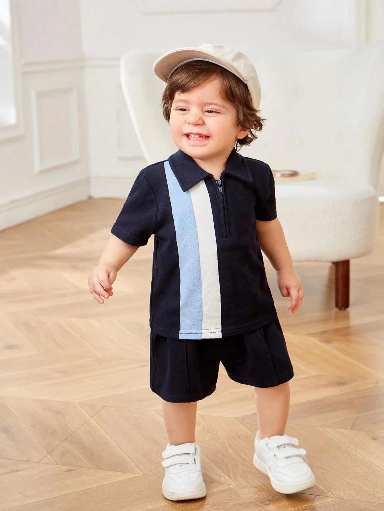 Buy SHEIN Baby Boy's Casual Colorblock Short Sleeve Polo Shirt And Elastic Waist Shorts Set in Pakistan