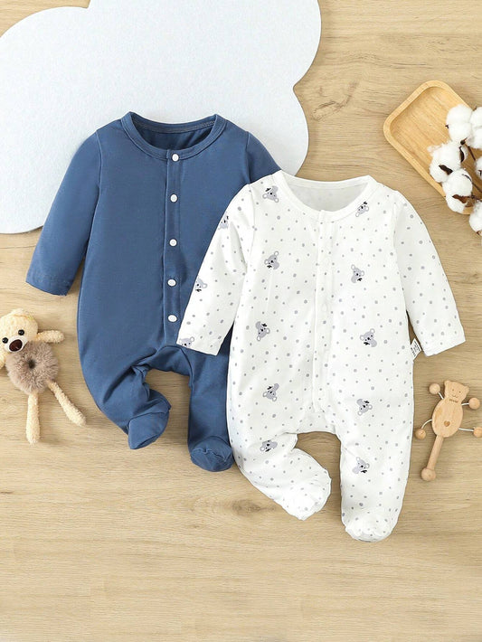 Buy SHEIN Baby Boys' Cute Polka Dot Cartoon Print And Solid Color Footed Romper For Home Wear in Pakistan