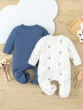 Buy SHEIN Baby Boys' Cute Polka Dot Cartoon Print And Solid Color Footed Romper For Home Wear in Pakistan