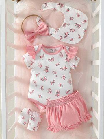 Buy SHEIN Baby Girl Floral Print Ruffle Trim Bodysuit & Shorts & Accessory Headband & Bib & Gloves in Pakistan