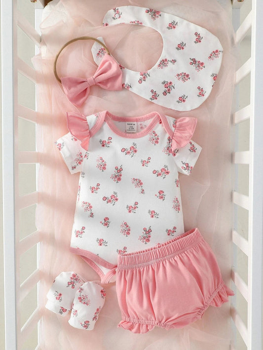Buy SHEIN Baby Girl Floral Print Ruffle Trim Bodysuit & Shorts & Accessory Headband & Bib & Gloves in Pakistan