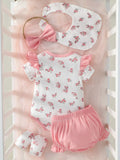 Buy SHEIN Baby Girl Floral Print Ruffle Trim Bodysuit & Shorts & Accessory Headband & Bib & Gloves in Pakistan