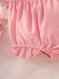 Buy SHEIN Baby Girl Floral Print Ruffle Trim Bodysuit & Shorts & Accessory Headband & Bib & Gloves in Pakistan